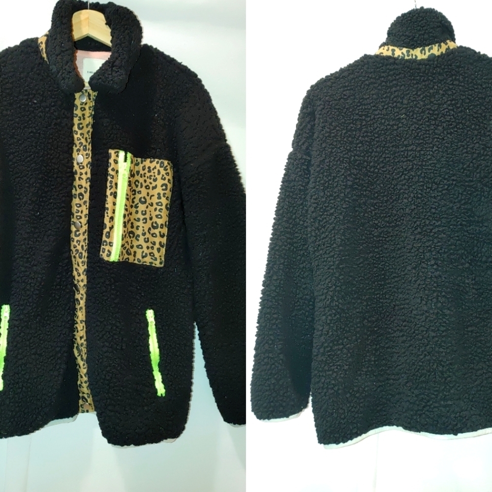 Thread & Supply Teddy Sherpa Jacket Black‎ Animal Print Neon Small S Oversized